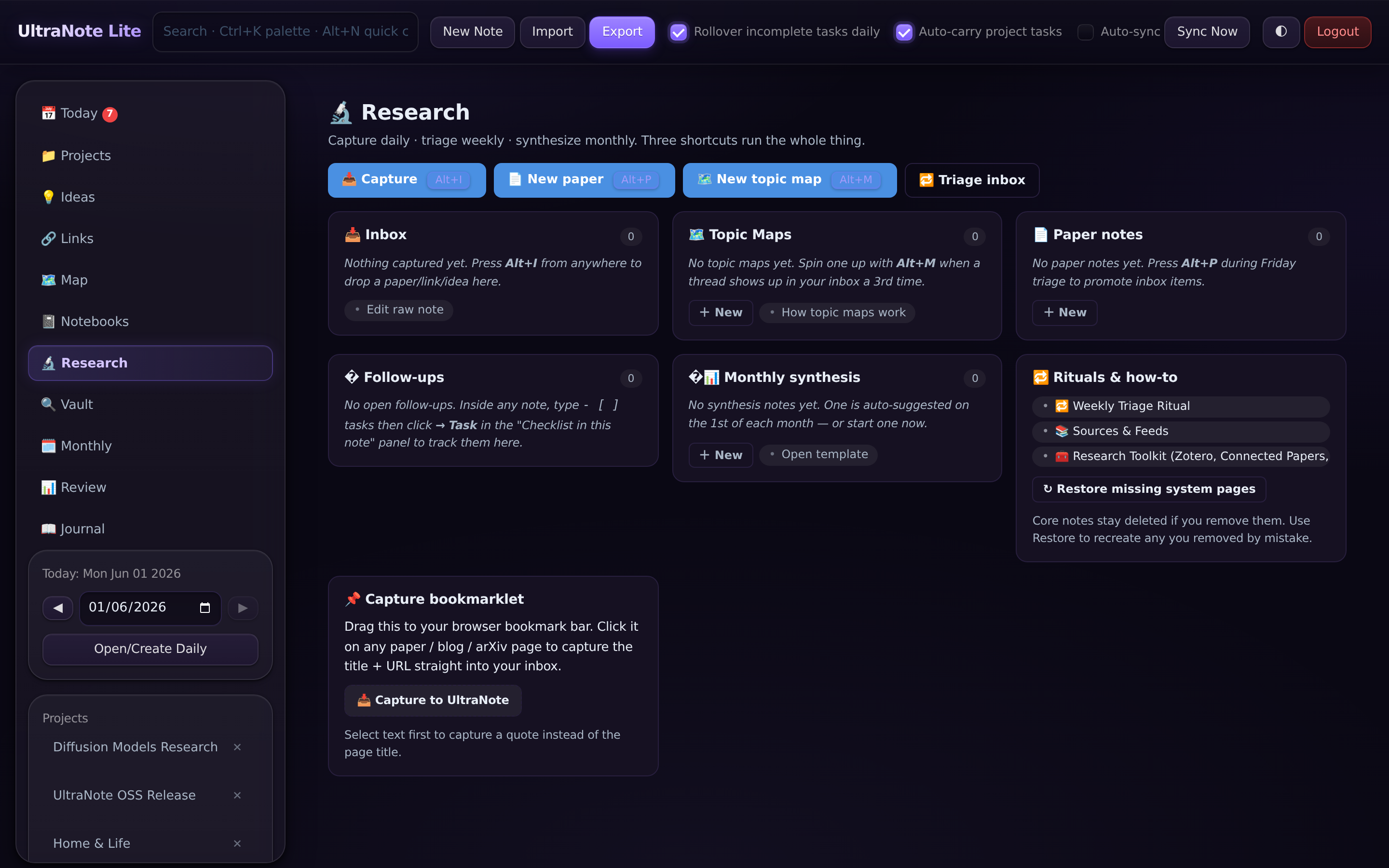 UltraNote research workspace with capture inbox, topic maps, paper notes, and monthly synthesis