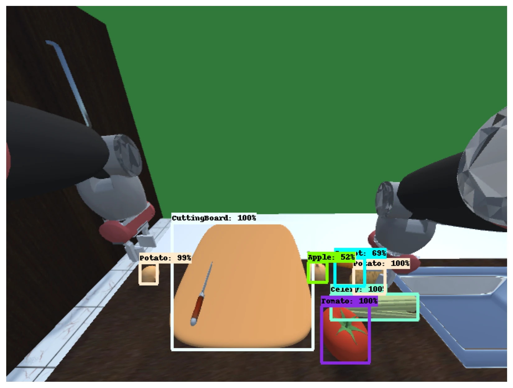Kitchen simulation scene with Faster R-CNN boxes for a cutting board, potato, apple, tomato and celery