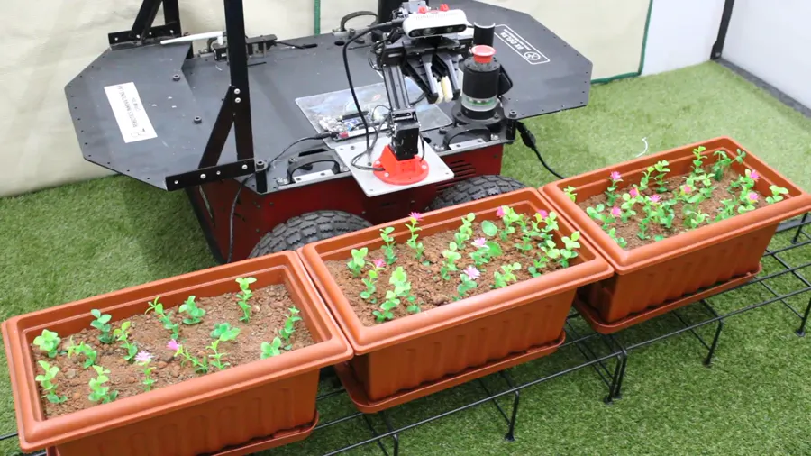 Wide view of the mobile manipulator and three physical plant beds before task execution